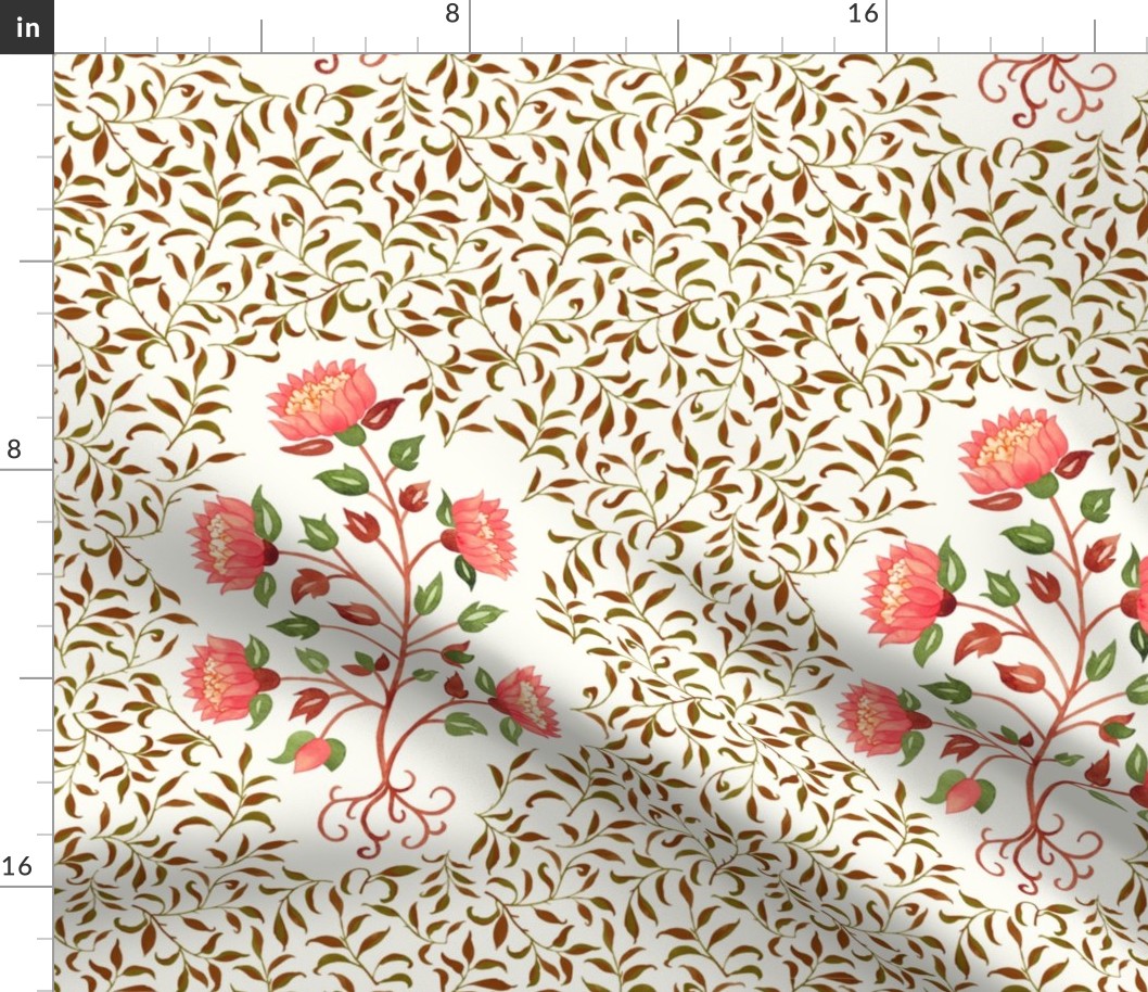 Coral orange and green Indian floral Boteh block print with foliage on natural white, large scale