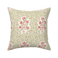  Pink and green Indian floral boteh blockprint with foliage chintz on natural white, medium scale