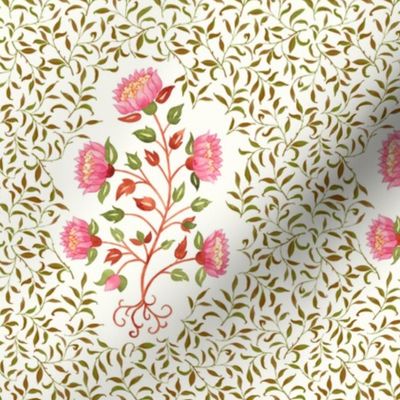  Pink and green Indian floral boteh blockprint with foliage chintz on natural white, medium scale