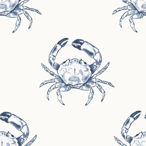 Large Coastal Watercolor Monochrome Blue Grey Crustacean Crabs with Warm White (#fbfaf6) Background