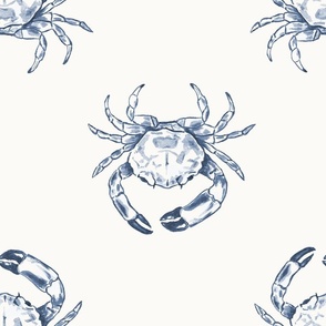 Large Two Direction Coastal Watercolor Monochrome Blue Grey Crustacean Crabs with Warm White (#fbfaf6) Background