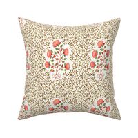 Coral orange and green Indian floral boteh blockprint with foliage on natural white, medium scale