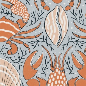 Chic Coastal Decor: Coral & White Crustacean Art with Hand-Drawn Marine Life - pale blue backdrop LARGE