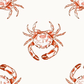 Large Two Direction Coastal Watercolor Monochrome Orange Rust Red Crustacean Crabs with Warm White (#fbfaf6) Background