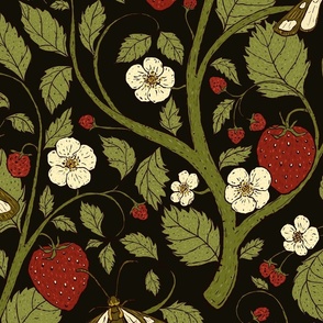 24" Vintage Strawberry Plant with Fruits, Flowers, and Moths in Sienna Red, Olive Green and Smokey Black