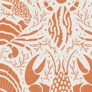 Chic Coastal Decor: Orange & White Crustacean Art with Hand-Drawn Marine Life -  LARGE