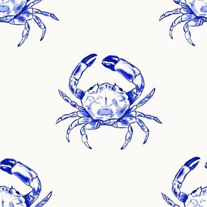 Large Coastal Watercolor Monochrome Ultramarine Blue Crustacean Crabs with Warm White (#fbfaf6) Background
