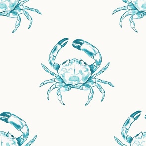 Large Coastal Watercolor Monochrome Turquoise Blue Crustacean Crabs with Warm White (#fbfaf6) Background