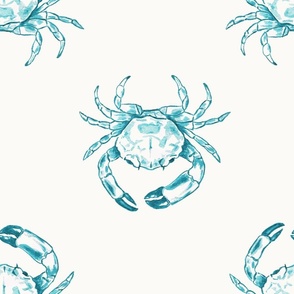 Large Two Direction Coastal Watercolor Monochrome Turquoise Blue Crustacean Crabs with Warm White (#fbfaf6) Background