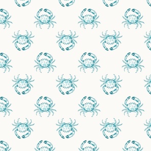 Small Two Direction Coastal Watercolor Monochrome Turquoise Blue Crustacean Crabs with Warm White (#fbfaf6) Background