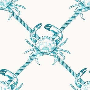 Large Coastal Watercolor Monochrome Turquoise Blue Crustacean Crabs with Rope Diagonals and Warm White (#fbfaf6) Background