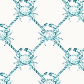 Medium Coastal Watercolor Monochrome Turquoise Blue Crustacean Crabs with Rope Diagonals and Warm White (#fbfaf6) Background