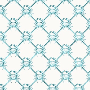 Small Coastal Watercolor Monochrome Turquoise Blue Crustacean Crabs with Rope Diagonals and Warm White (#fbfaf6) Background