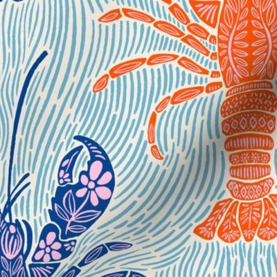 Ocean Bloom Lobster - decorative floral crustacean print - navy, orange and pink