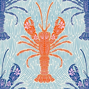 Ocean Bloom Lobster - decorative floral crustacean print - navy, orange and pink