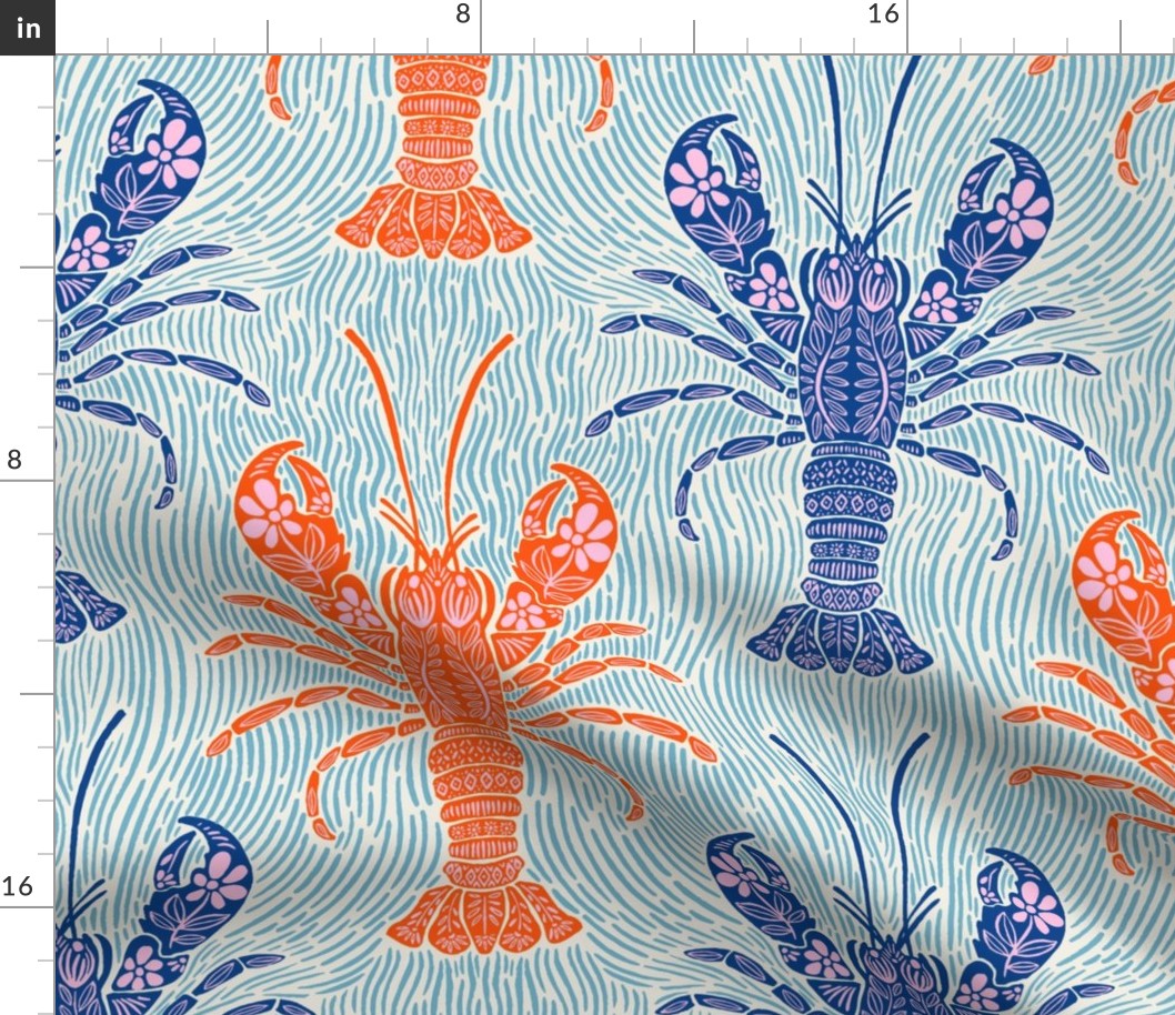 Ocean Bloom Lobster - decorative floral crustacean print - navy, orange and pink