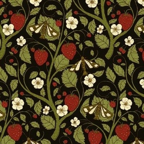 6" Vintage Strawberry Plant with Fruits, Flowers, and Moths in smokey black, sienna red, and olive green