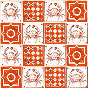 Large Coastal Mediterranean  Watercolor Monochrome Orange Rust Red Crustacean Crabs and Geometric Tiles with Warm White (#fbfaf6) Background