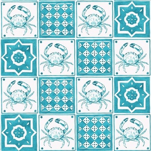 Large Coastal Mediterranean  Watercolor Monochrome Turquoise Blue Crustacean Crabs and Geometric Tiles with Warm White (#fbfaf6) Background
