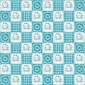 Medium Coastal Mediterranean  Watercolor Monochrome Turquoise Blue Crustacean Crabs and Geometric Tiles with Warm White (#fbfaf6) Background