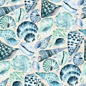 Seashell Song - Watercolour Shells (Blue + Small Scale)