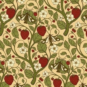 6" Vintage Strawberry Plant with Fruits, Flowers, and Moths in Sienna Red, Olive Green and Vanilla Yellow