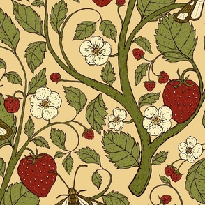 24" Vintage Strawberry Plant with Fruits, Flowers, and Moths in Sienna Red, Olive Green and Vanilla Yellow