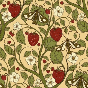 12" Vintage Strawberry Plant with Fruits, Flowers, and Moths in Sienna Red, Olive Green and Vanilla Yellow