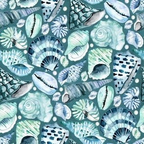 Seashell Song - Watercolour Shells (Teal Background + Small Scale)