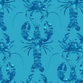 Textured lobsters and crabs on cerulean blue | large