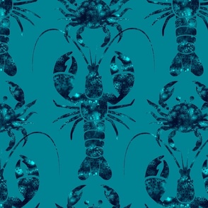 Moody lobsters and crabs on deep greenish blue | large