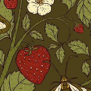 24" Vintage Strawberry Plant with Fruits, Flowers, and Moths in Sienna Red, Olive Green and Drab Dark Brown
