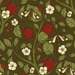 12" Vintage Strawberry Plant with Fruits, Flowers, and Moths in Sienna Red, Olive Green and Drab Dark Brown