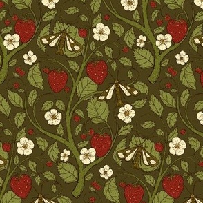 6" Vintage Strawberry Plant with Fruits, Flowers, and Moths in Sienna Red, Olive Green and Drab Dark Brown