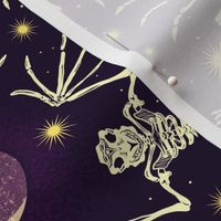 victorian goth bat skeleton - starry night ceiling | Waning Crescent Moon and Stars| spooky celestial halloween cool deep purple, cream and  gold | large