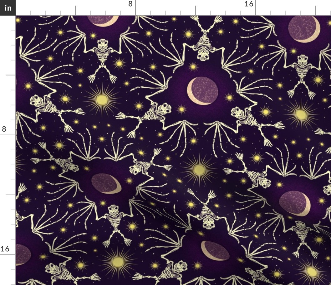 victorian goth bat skeleton - starry night ceiling | Waning Crescent Moon and Stars| spooky celestial halloween cool deep purple, cream and  gold | large