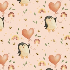 Medium - Cute watercolor balloon penguins for girl nursery on pink