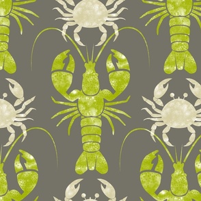 Textured lobsters and crabs green on dark gray | large