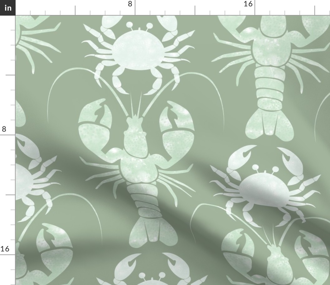 Textured lobsters and crabs on sage green | large