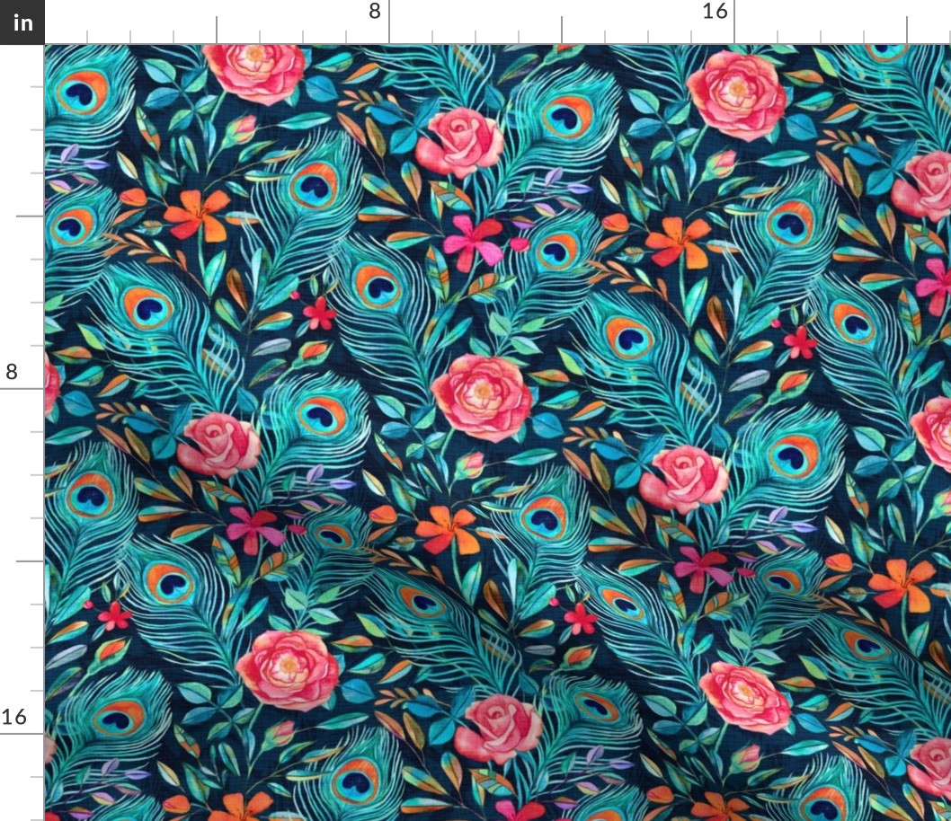 Peacock Feather Posies Teal Blue Color Edit small print
