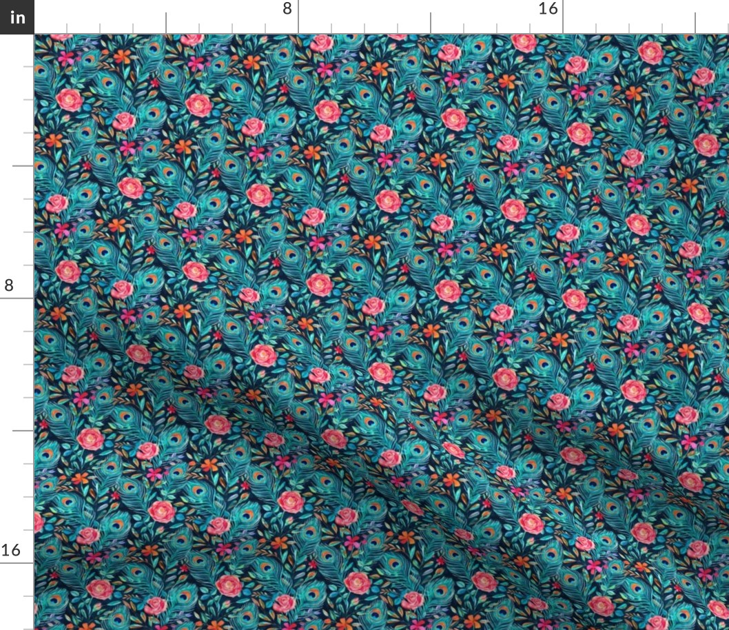 Peacock Feather Posies Teal Blue Color Edit extra-small print