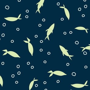 (M) Little Fishies and Bubbles Lime Green on Dark Teal, Tossed