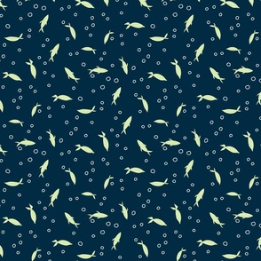 (S) Little Fishies and Bubbles Lime Green on Dark Teal, Tossed