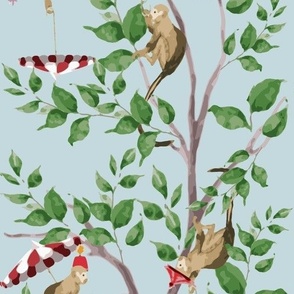Monkeys with Umbrellas Chinoiserie | Featuring Blue, Green Foliage and Grandmillenial  inspired Monkeys