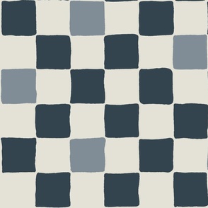 Hand drawn checker | Large Scale | Dark Blue, Powder Blue, Eggshell White