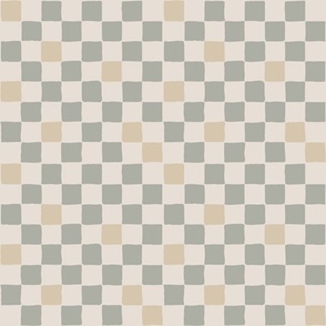 Hand drawn checker | Small Scale | Eggshell White, Beige Tan, Boho Green