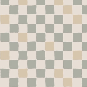 Hand drawn checker | Medium Scale | Eggshell White, Beige Tan, Boho Green