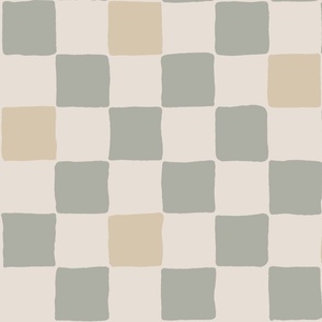 Hand drawn checker | Large Scale | Eggshell White, Beige Tan, Boho Green