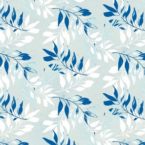 (M) Pastel Leaves floating in a subtle striped background blue