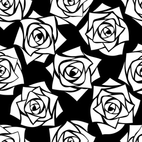 L Grid Roses – Black and White - Silhouette White Rose on Deep Black - Check - Mid Century Modern inspired (MOD) - Modern Vintage - Minimal Floral - Geometric Florals
